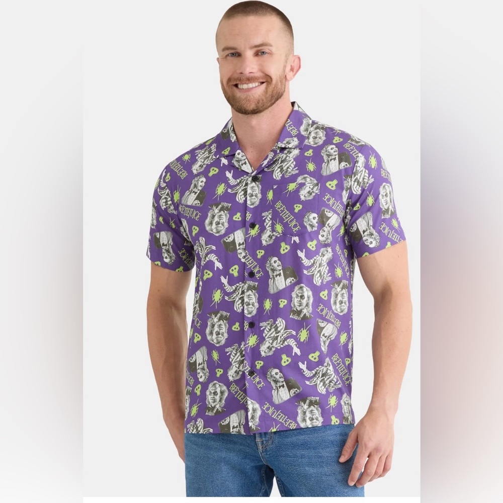 Men’s Beetlejuice Vibrant Purple and‎ Green Collared Button Up Shirt! NWT! M